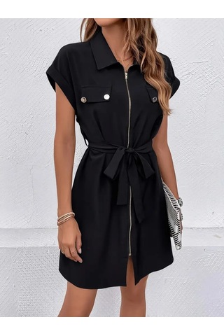 Kadın Yakalı Fermuarlı Kuşaklı Cepli Kısa Kollu Krep Kısa Elbise