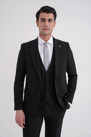 Efor Slim Fit Çift Yırtmaç %97 Yün Esnek Siyah Yelekli Klasik Takım Elbise Tk 937 Siyah