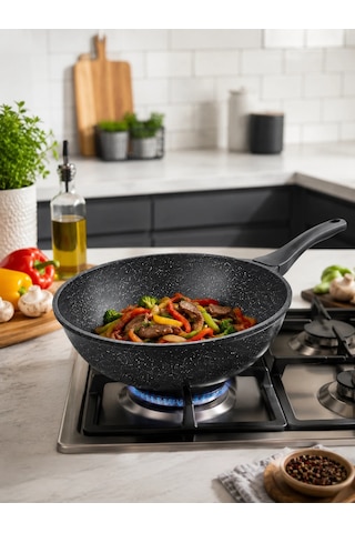İtalyan Tasarım 28 Cm Döküm Granit Wok Tava Çok Renkli