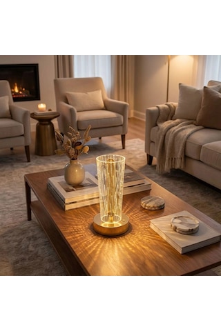 Silindirik Kristal Nokta Model Led Masa Lambası Gold Tabanlı, Dokunmatik, 3 Renk Işık Modlu, Şarjl Çok Renkli