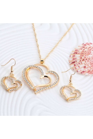Çok Şık ,Taş İşlemeli, Kalp Takı Seti Kolye Küpe18Gp Sevgililer