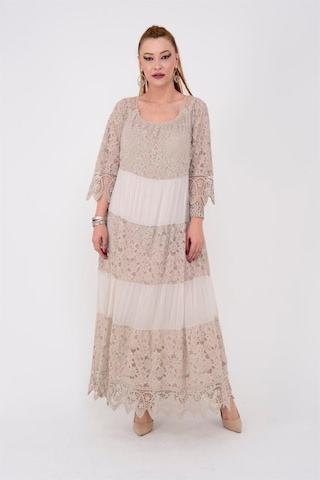Eren Style İtalyan Sunshine İpek Detaylı Dantelli Elbise-9033 KREm Krem