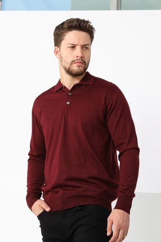 Ferraro Bordo Polo Yaka Superfine Erkek Triko Kazak Bordo
