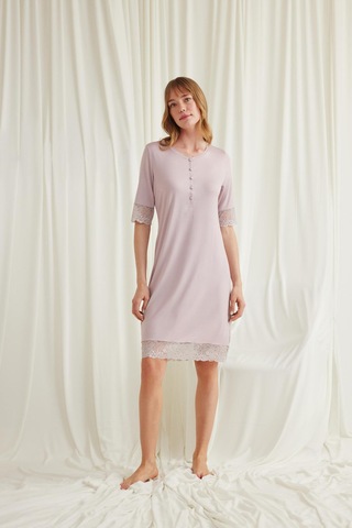 Monamise Kadın Dantel Detaylı Kısa Kollu Ve Önü Düğmeli Gecelik 18604-Vizon