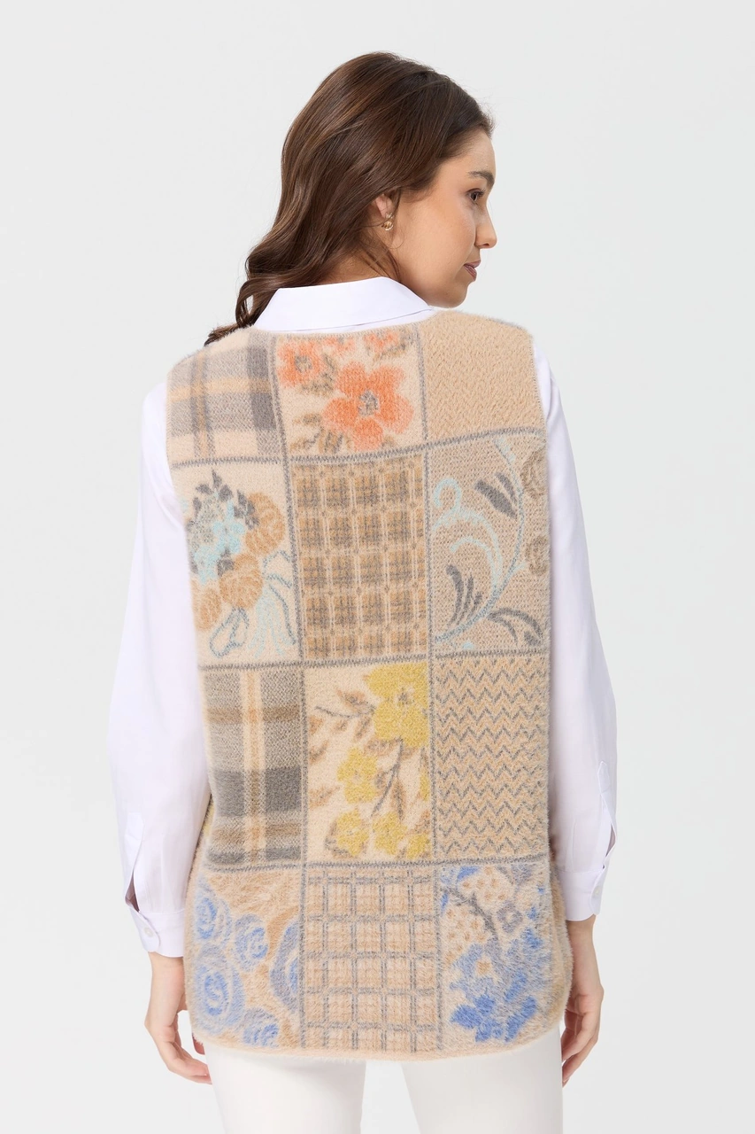 Desen Triko Kadın V Yaka Patchwork Yelek Bej Bej