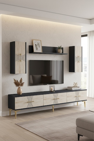 Tvr1832atg Slim Tv Ünitesi Takımı Antrasit-traverten-gold 180cm