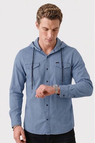 Deep Sea Deepsea Mavi Kapüşonlu Likralı Kot Gömlek Slim Fit Çıt Çıt Kapamalı Erkek Gömlek 2300396