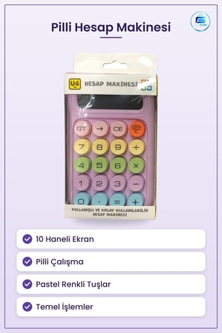 Hesap Makinesi Haneli Pilli Pastel Renkli Yuvarlak Tuşlu Ofis Oku Çok Renkli