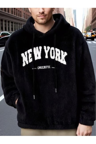 Avrupa Ve Amerikan Baskılı Moda Marka Kapüşonlu Büzme İpli Kazak Gündelik Spor Tarzı Erkek Ceketi Siyah