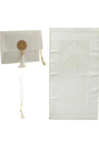 Şantuk Keseli Tafta Seccade Ve İnci Vavlı Tesbih Set , Taşınabilir Namaz Seti Krem