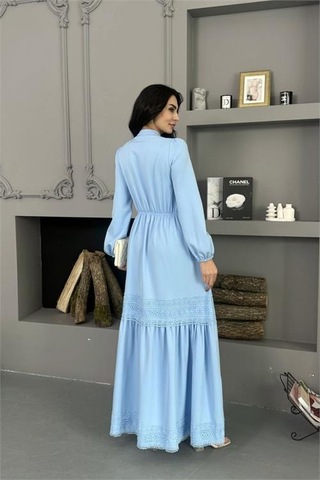 Neşeli Butik Kadın Bebe Mavi Atlas Kumaş Dantel Detaylı Elbise Nbms2517 Bebe Mavisi