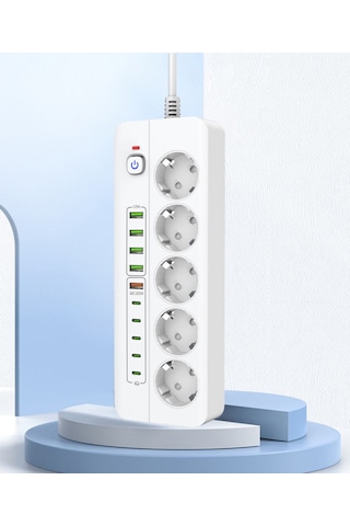 Isıya Dayanıklı Power Tuşlu 5'li Grup Priz 5xusb 5x Type-c Çıkışlı Priz 2 Mt Kablolu 2 M
