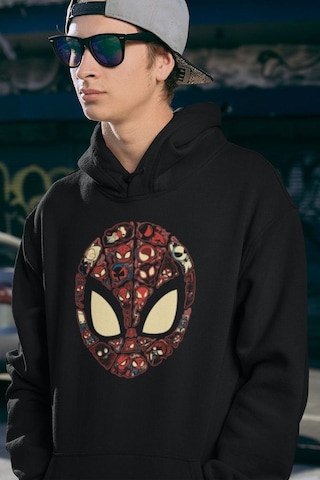 Sevbano Tasarım Spider-man Maske Baskılı Unisex Oversize Marvel Hoodie Siyah