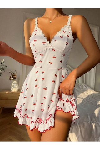 Bella Notte Romantik Beyaz Kiraz Baskılı Askılı Tanga Ve Gecelik