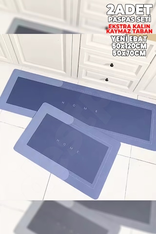 2 Adet Mavi Ekstra Kalın 50x120 50x70 Su Emici Kaymaz Taban Mavi