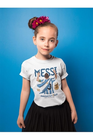 Sevbano Messi Argentina 10 Baskılı Unisex Futbolcu Çocuk Tişört 1-12 Yaş Beyaz