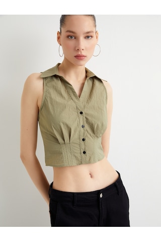 Koton Kolsuz Crop Gömlek Slim Fit Korse Detaylı Yeşil 4sal60033ıw Fıstık Yeşili
