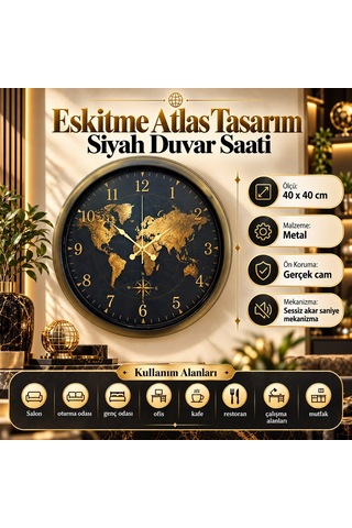 Eskitme Atlas Dünya Haritalı 40 X 40 Cm Siyah Metal Duvar Saati