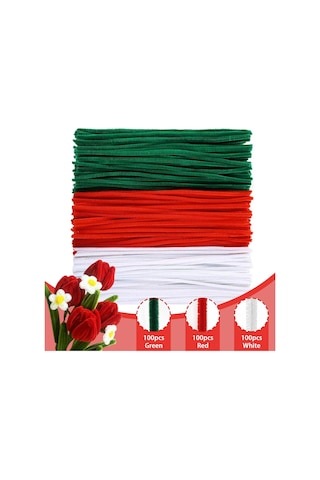 75 Adet Kırmızı, Beyaz, Koyu Yeşil Renkli Şönil , Çiçek Yapım Seti, Tüylü Tel, 30 Cm, Peluş Tel