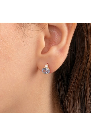 Altın Küpe - 14 Ayar Altın Oval Blue Topaz Taşlı Tektaş Küpe Sarı