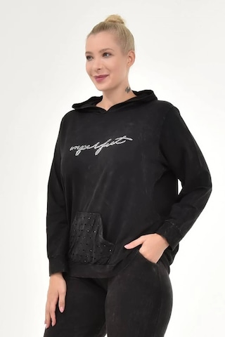 Kadın Büyük Beden İtalyan Yıkama Siyah Kapşonlu Sweatshirt Siyah