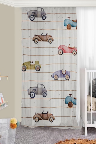 Sevimli Arabalar Çift Kanatlı Çocuk Odası Fon Perde