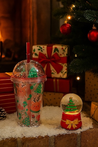 Trend Yeniyıl Yılbaşı 2'li Hediye Seti Noel Geyikli Pipetli Suluk Çam Ağacı Temalı Işıklı Kar Küresi Çok Renkli