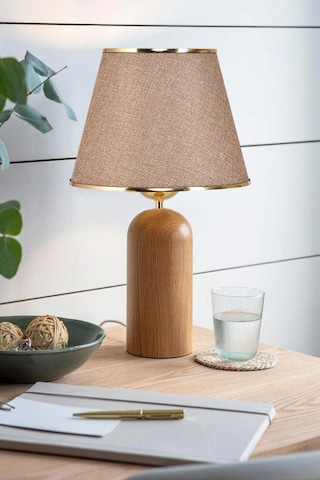 Silos Masif Ahşap Ayaklı Gold Detaylı Kumbeji Kumaş Şapkalı Dekoratif Abajur Kum Beji