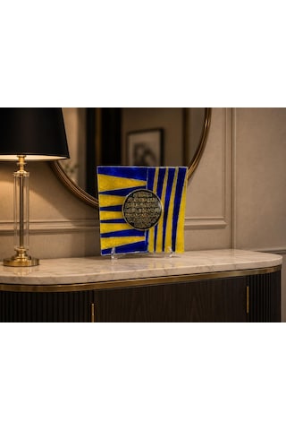 El Yapımı Cam Tabak Ayetel Kürsi Dekoru Füzyon Cam Masa Ofis Süsü Sarı Lacivert 22.5x22.5 Cm
