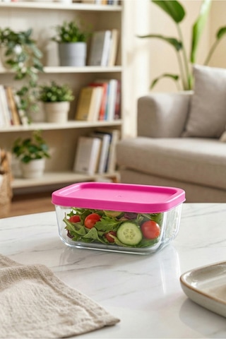 Lav Cube Cam Saklama Kabı 2'li Küçük Boy 405 ml Dikdörtgen Pembe Plastik Kapaklı (Kahvaltılık )