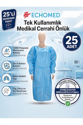 Echomed 25'li Paket Tek Kullanımlık Medikal Cerrahi Önlük Echomed 25'li Paket Tek Kullanımlık Medikal Cerrahi Önlük