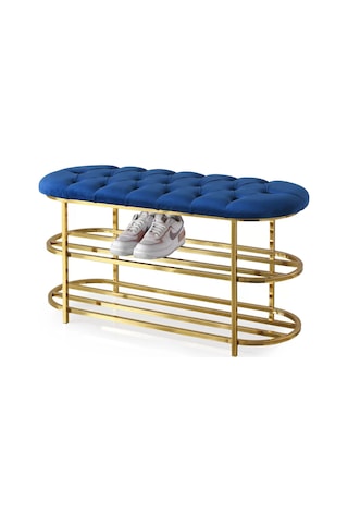 Kapitoneli Puf Bench Kapı Önü Metal Ayakkabılık Saks Mavi