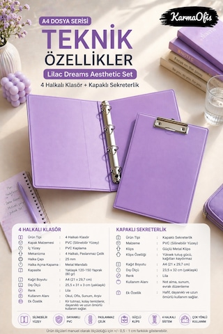 Lilac Dreams Aesthetic Kırtasiye Seti A4 4 Halkalı Klasör + Kapaklı Sekreterlik Pembe Pvc Dosya Organizer