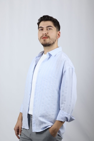 Ventov Çizgili Pamuk Karışımlı Relaxed Fit Gömlek Vgm2603 Mavi