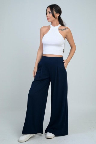 By Saygı Kadın Beli Lastikli Cepli Önü Pileli Bol Paça Osyho Pantolon-41743 Lacivert