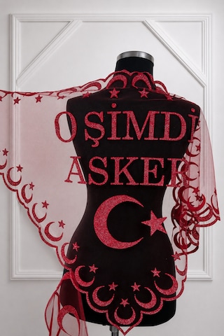 Azra Kına Kırmızı Simli O Şimdi Asker Yazılı, Asker, Sağdıç Kına Omuz Örtüsü, Kına Örtüsü, Asker Örtüsü Şalı, Söz Nişan Düğün Asker Kına Örtüsü