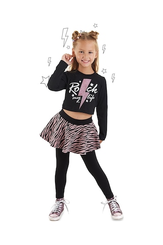 Denokids Mshb&g Rock Life Kız Çocuk Siyah Crop-top T-shirt Zebra Desenli Tayt Takım Siyah - Pembe