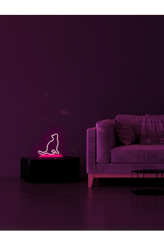 Kedi Figürlü Pembe Neon Gece Lambası Çok Renkli