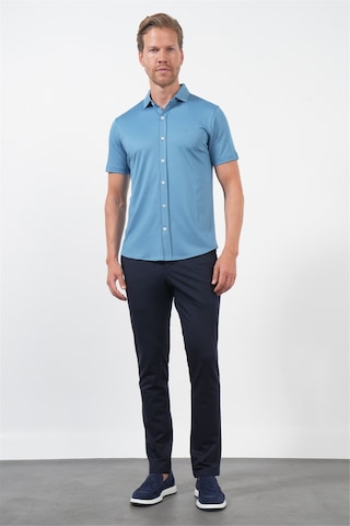İmza Mavi İtalyan Yaka Kısa Kol Cepsiz Slim Fit Pamuklu Gömlek 1004260158 Koyu Mavi