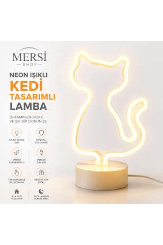 Neon Led Kedi Lamba Dekoratif Masaüstü Gece Lambası Usb & Pilli