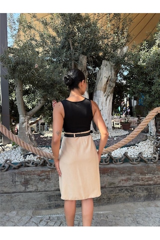 WeShaya Bej Pileli Kemer Aksesuarlı Etek Bej