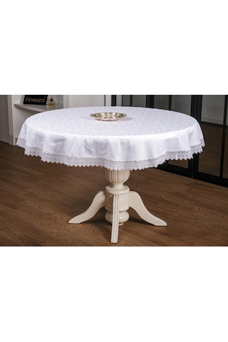 Finezza Duygu Güpürlü Jakar Kumaş Beyaz Masa Örtüsü 160cm Yuvarla