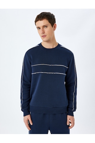Koton Pamuk Karışımlı Uzun Kollu Biyeli Bisiklet Yaka Sweatshirt Lacivert 5wam70258mk Lacivert