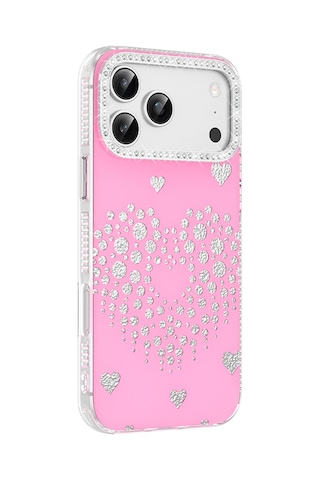 Maks Technology Apple Uyumlu iPhone 18 Pro Max Kılıf Damla Taşlı Mkst Rivas Sert Pc Kapak - Pembe