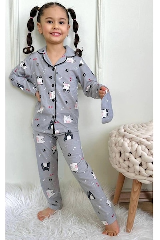 Kız Çocuk Düğmeli Kedi Desenli Uzun Kollu Pijama Takımı-932 Gri