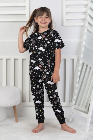 %100 Pamuk Gökkuşağı Desenli Kısa Kollu Manşetli Paça Kız Çocuk Pijama Takımı 3-8 Yaş Siyah