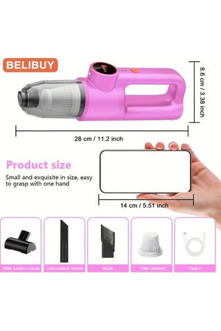 Fochsia Belıbuy Kablosuz Taşınabilir El Süpürgesi Pembe 2 Çekirdek Hafif Led Işıklı 3kpa Emiş 2000mah Şarjlı Ev Ofis Araç Temizliği