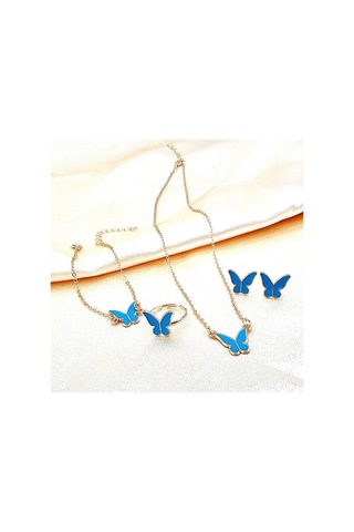 1set Moda Zarif Basit Çok Yönlü Kelebek Kolye Bilezik Küpe Yüzük Kadınlar Kızlar Düğün Partisi Takı Seti Hediye Mavi