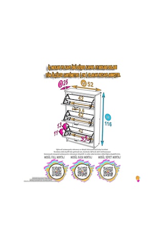 Modilayn West Asma Kapı Önü 52x116x26 Cm Lik 3 Düşer Kapak 6 Göz Bölmeli Ayakkabılık Beyaz