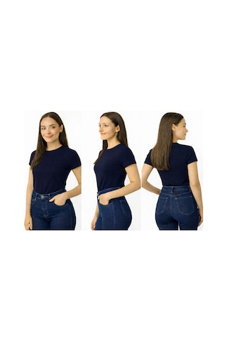 İngegno Body Bisiklet Yaka Yarım Kol Örme Kumaş Viskon Body Kadın Lacivert